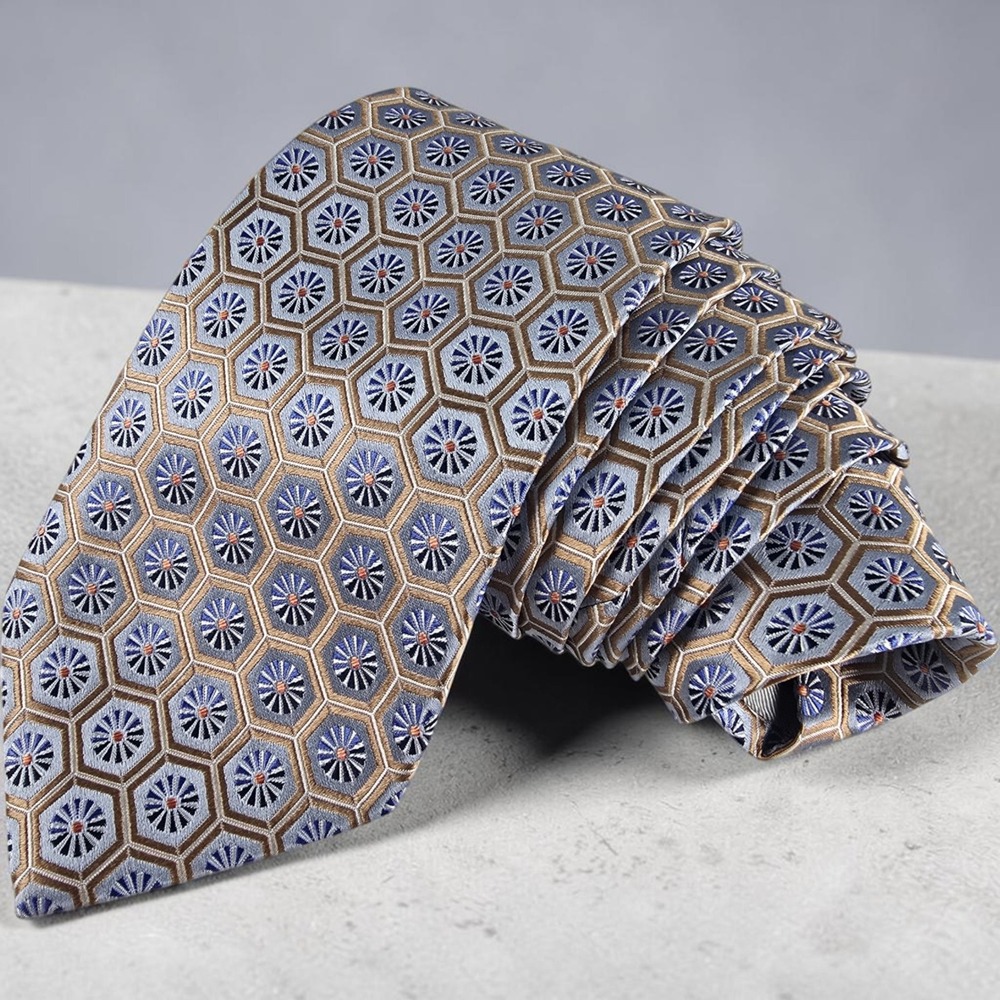 Ermenegildo Zegna Silk Tie Mens Extra Long Tan Blue Grey Hexagon Floral Italy